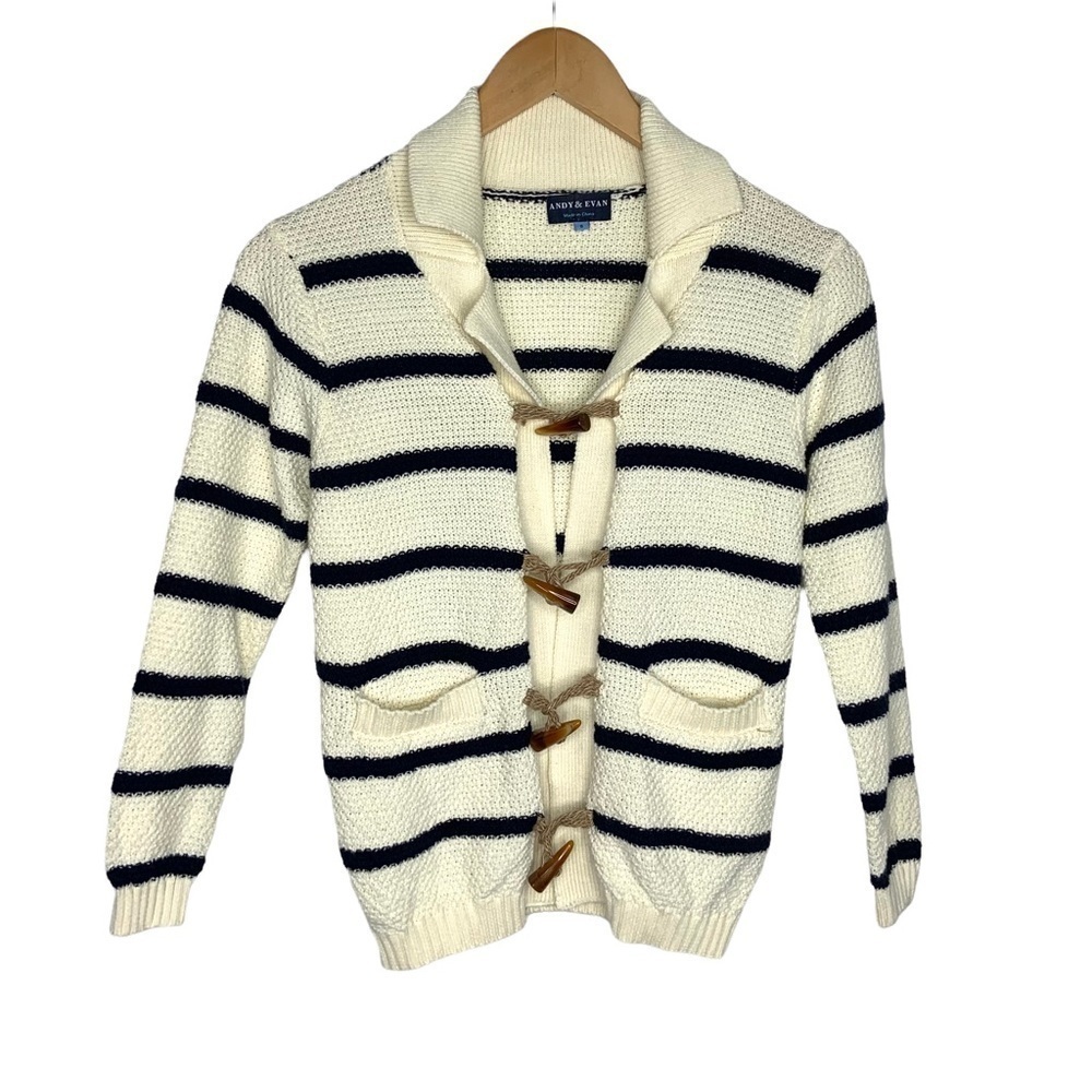 Andy & Evan Kids Stripe Cardigan sweater Sz 8 Blue Cream Toggle Closure Nautical